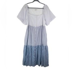Madewell Patchwork Gingham Button Front Tiered Midi Dress Size L Blue White